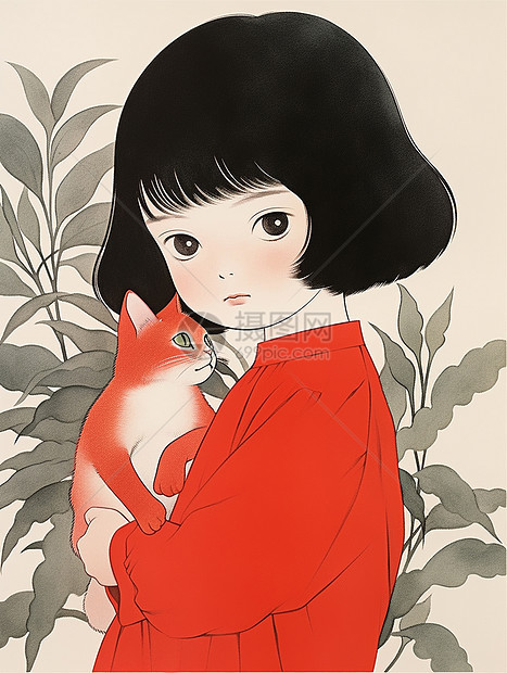 黑色短发小清新卡通女孩穿着红色衣服抱着红色卡通宠物猫图片