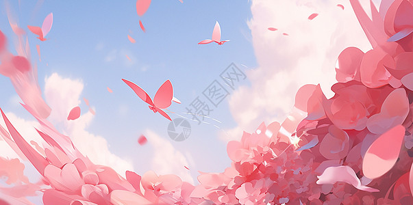 蓝天下飞舞的漫天粉色花瓣卡通场景高清图片