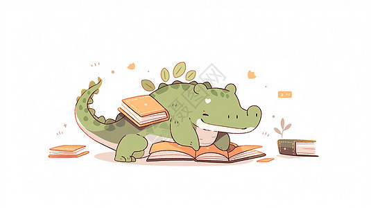 可爱的卡通小恐龙在看书卡通场景图片