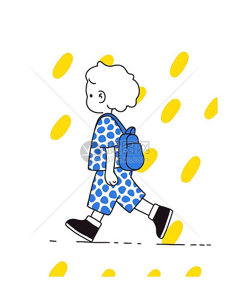 背着蓝色小书包穿着一身蓝色点点的卡通小男孩在走路图片