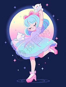 夜晚在月下穿着公主裙开心跳舞的卡通小女孩图片