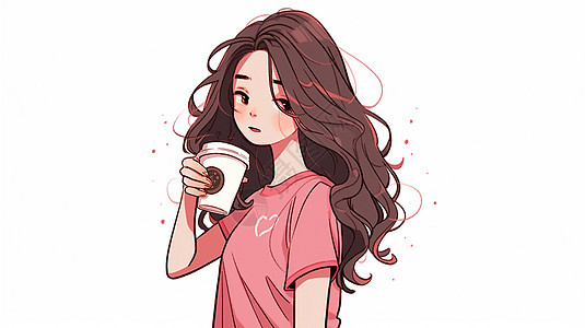 睡眼朦胧的卡通小女孩在喝咖啡图片