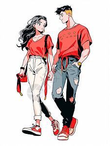 穿着红色T恤互相对视的时尚卡通青年情侣图片