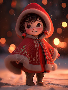 冬天夜晚穿着红色斗篷欣赏夜景开心笑的卡通小女孩图片