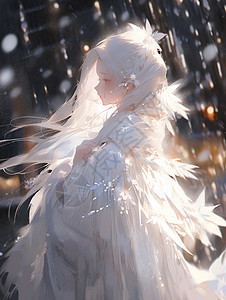 穿着白色长裙在大雪中梦幻漂亮的卡通女孩图片