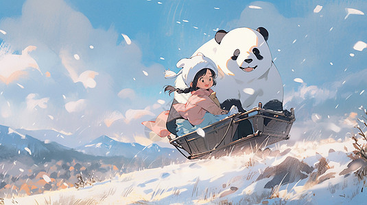 冬天与小女孩一起玩耍坐小车的卡通大熊猫图片