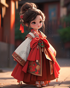 大眼睛漂亮的卡通女孩穿着红色传统服装图片