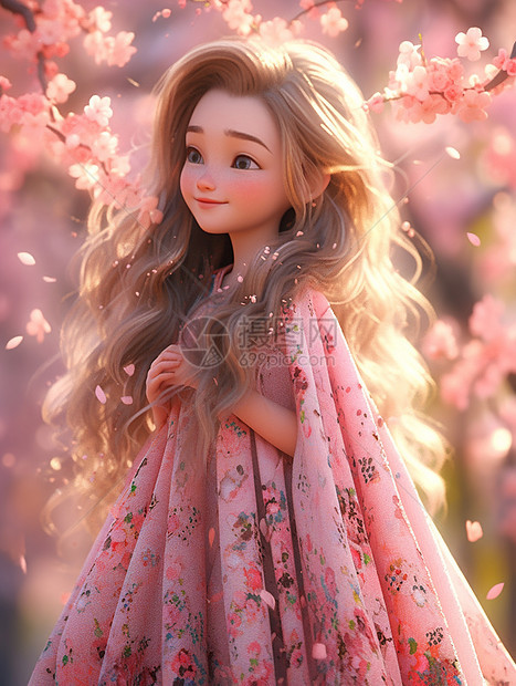 站在粉色花朵树下穿着碎花长裙的微笑的长发卡通女孩图片