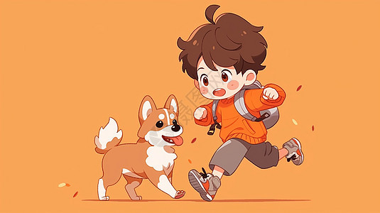 穿着橙色毛衣与小狗一起奔跑的卡通小男孩图片