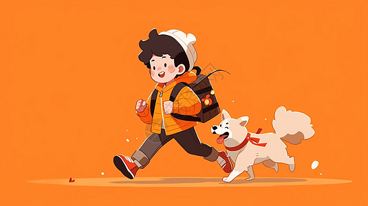 背着深色书包与小狗一起奔跑的卡通小男孩背景图片