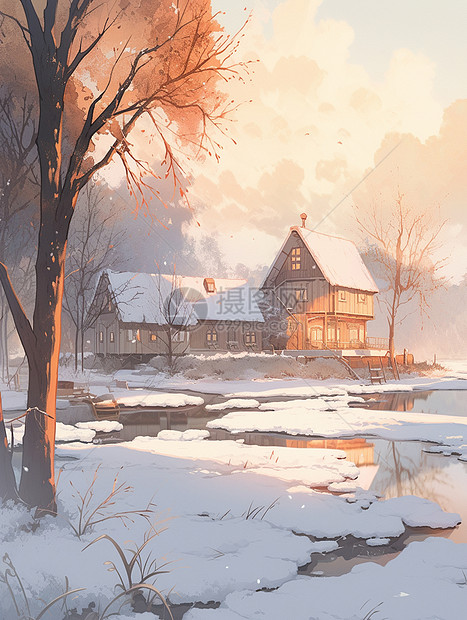 冬天雪后森林中小河边唯美的卡通小木屋图片