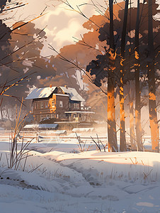 雪后森林深处一座幽静的卡通小木屋图片