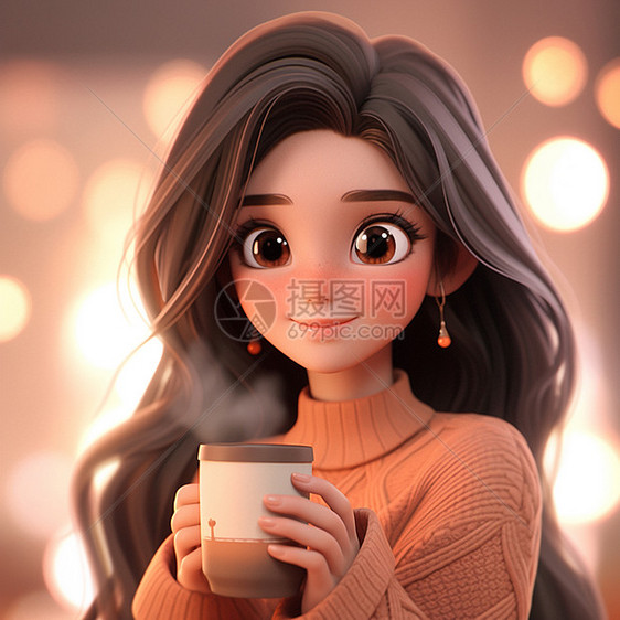 穿着毛衣面带微笑的抱着热咖啡的卡通女孩图片