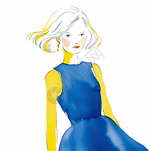 水彩风穿着时尚蓝色裙子的短发卡通女人图片