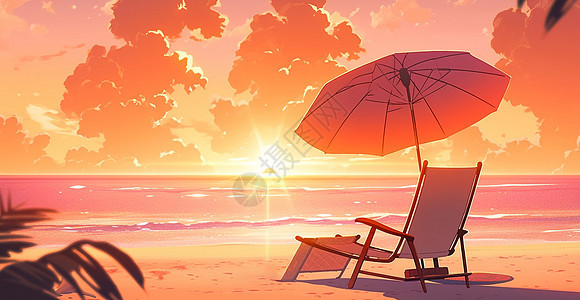 傍晚唯美的卡通晚霞沙滩上一把休闲椅背景图片