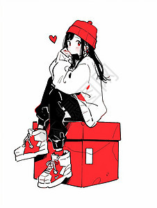 戴着红色帽子坐在红色箱子上小清新漂亮的卡通女孩图片