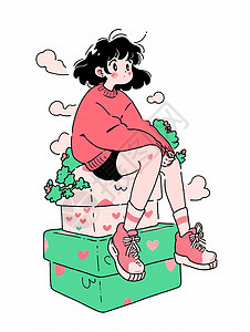 黑色头发短发坐在礼物盒上发呆的小清新卡通女孩图片
