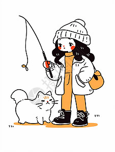 戴着毛线帽手拿钓鱼竿的卡通女孩与宠物猫图片