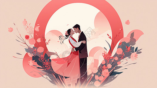 站在浪漫的花丛中甜蜜相拥的卡通情侣扁平风人物图片