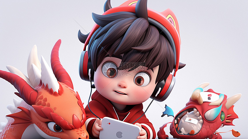 戴着红色耳麦与龙一起玩手机的卡通小男孩图片