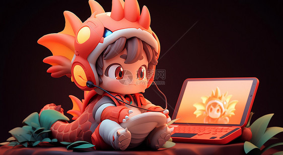 穿着龙玩偶服装坐在电脑前的男孩图片