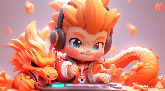 橙色短发戴着耳麦的卡通男孩与橙色龙一起开心玩音乐图片
