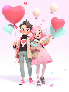 手拿着气球甜蜜的卡通情侣背景图片
