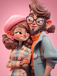 粉色背景站在一起互相对视的甜蜜卡通情侣图片