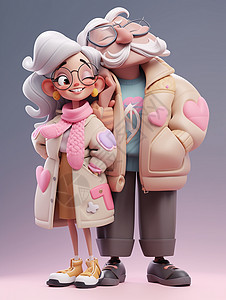 穿着时尚站在一起的卡通老年情侣在开心笑图片
