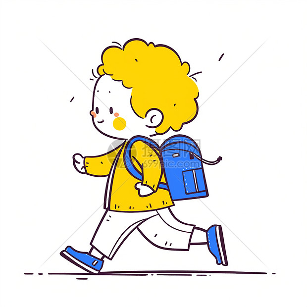 背着蓝色书包黄色头发可爱卡通小男孩在走路图片