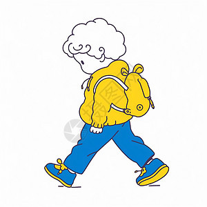 卷发背着黄色书包走路的卡通男孩图片