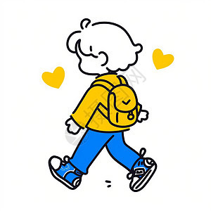 背着黄色书包走路的卡通男孩背影图片