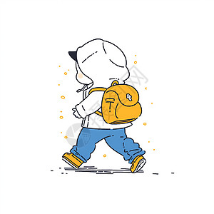 儿童走路背着黄色书包穿着白色卫衣去上学的卡通男孩背影插画