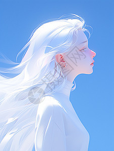 淡蓝色背景小清新白色长发漂亮的卡通女人图片