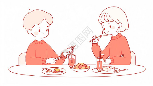 穿着粉色毛衣共进晚餐的卡通情侣图片