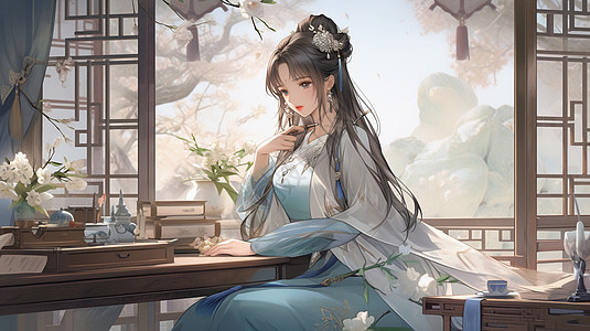 穿着淡蓝色古风长裙坐在窗边欣赏风景的优雅卡通古风装扮女孩图片
