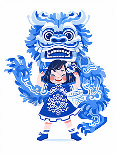 开心笑的卡通小女孩与蓝色民族风卡通狮子背景图片