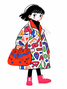 背着红色包穿着花长款外套的可爱卡通小女孩图片