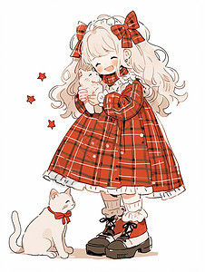 抱着宠物猫开心笑的金色长发卡通小女孩图片