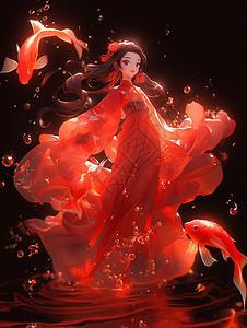 穿着喜庆的红色长袍与红色锦鲤一起开心跳舞的古风装扮卡通女孩图片