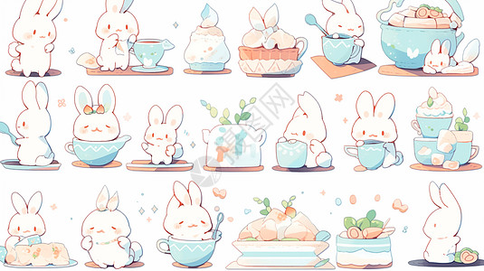 可爱的卡通小白兔与美味的蛋糕表情包图片