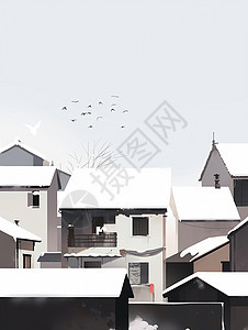 雪后唯美卡通小村庄飞着一群鸟图片