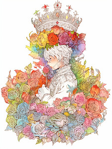 在玫瑰花丛中穿着白色衣服的卡通小王子图片
