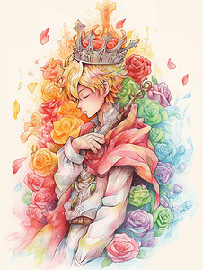 头戴皇冠的金发i卡通小王子与玫瑰花图片