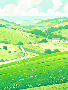 春天绿色美丽的卡通小山村图片