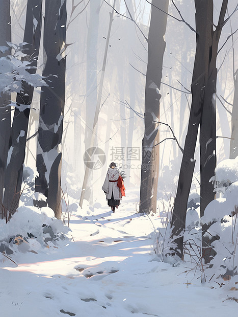 冬天雪后在森林中小路行走的卡通人物图片