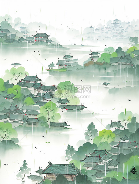 雨中春天美丽的古风卡通小村庄风景图片