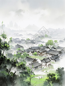 雨中唯美漂亮的水墨风景画卡通小村庄图片