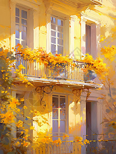 复古楼梯阳台有很多花朵的暖色调黄色卡通复古双层房子插画