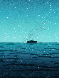 夜晚行驶在海面上的一艘小小的卡通船剪影图片
